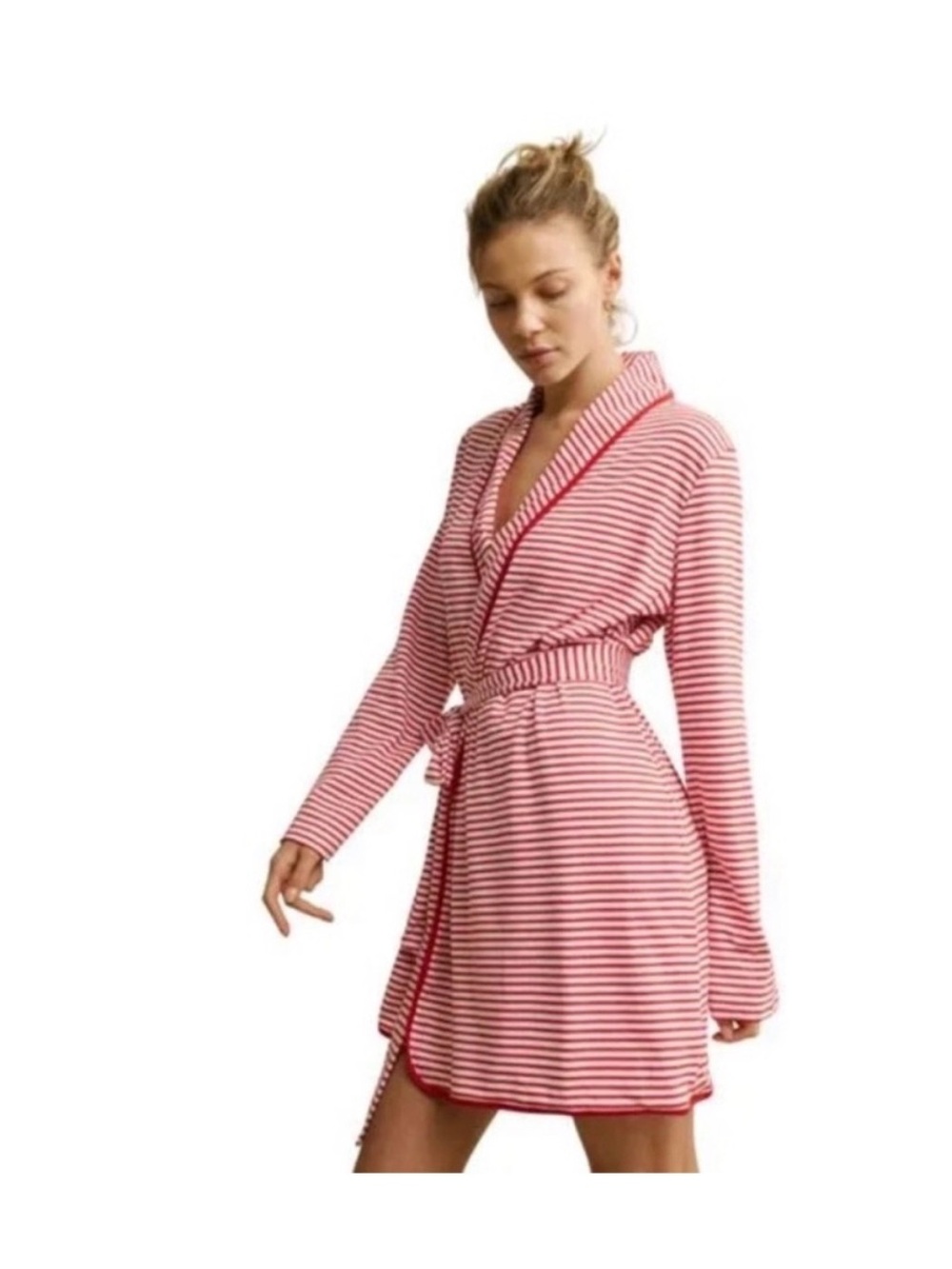 Striped Red & White Pima Wrap Robe with Self-Tie Belt